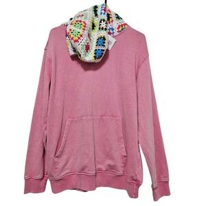 Boho Pink JK Acid Wash Oversized Hoodie Colorful Crochet Granny Square Hood NWT